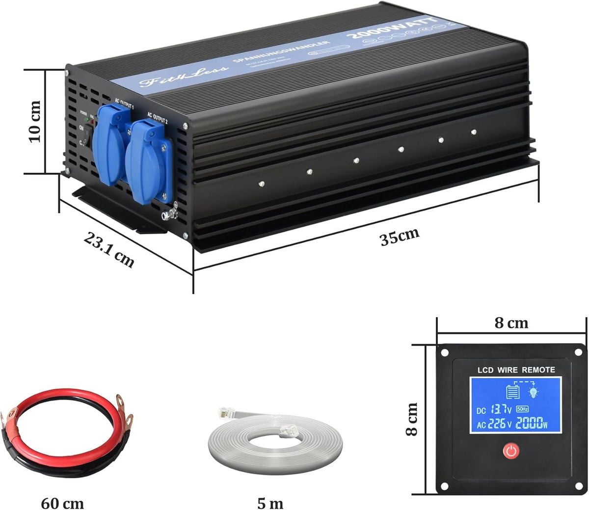 Pure Sine Wave Power Inverter DC12V naar AC230W 50Hz met dubbele Shuko stopcontacten, DC5V USB-poort, LCD Wire Remote Kit voor Europese markt. (12V 1500W)