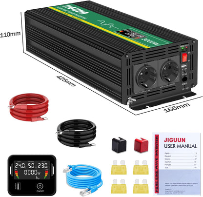 JIGUUN 3000W/4000W omvormer 24v naar 230v zuivere sinus Converter power inverter met afstandsbediening LCD-scherm 2 Eu-stopcontact & 1 USB-poort voor auto, camping, reizen,noodgeval