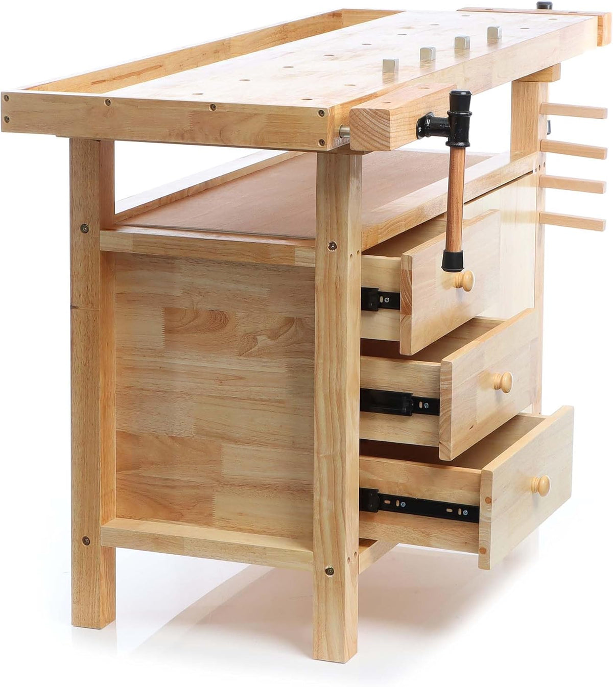 Wiltec houten werkbank 126x50x84 cm incl. spantangen, werkbankhaken, laden en apparatuurvakken
