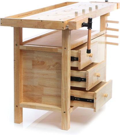 Wiltec houten werkbank 126x50x84 cm incl. spantangen, werkbankhaken, laden en apparatuurvakken
