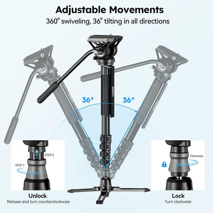 Camera monopod met voeten voor DSLR en camcorder – Monopod – Videomonopod – Reismonopod – Statiefbasis – Fluid head met 360° pan en -60°/+90° tilt – Aluminiumlegering, max. 188 cm en 8 kg