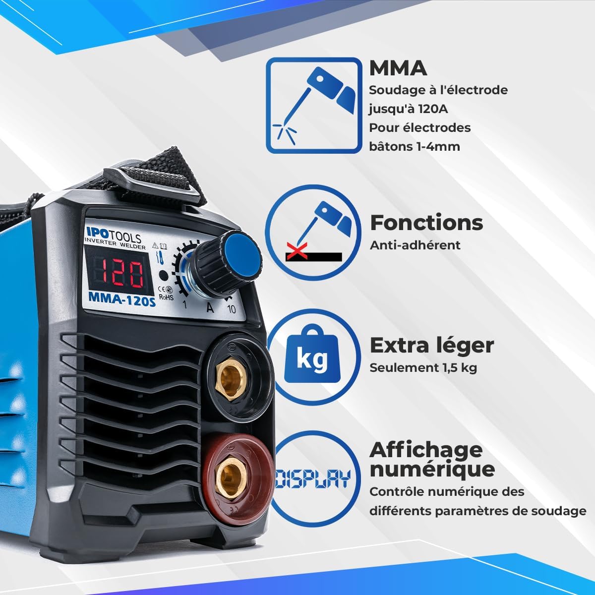 IPOTOOLS MMA-120S elektroden lasapparaat, 120 A, mini elektrische inverter, lasapparaat MMA/E-hand met lcd-display, anti-stick, 230 V