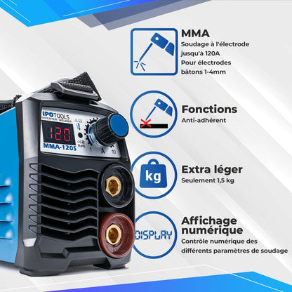 IPOTOOLS MMA-120S elektroden lasapparaat, 120 A, mini elektrische inverter, lasapparaat MMA/E-hand met lcd-display, anti-stick, 230 V