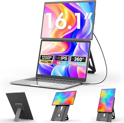 Draagbare Monitor – Mobiel Scherm – Extra Laptop Scherm – Portable Display – 16,1 Inch – Full HD+ 1920x1200 – Magnetische 360° Standaard