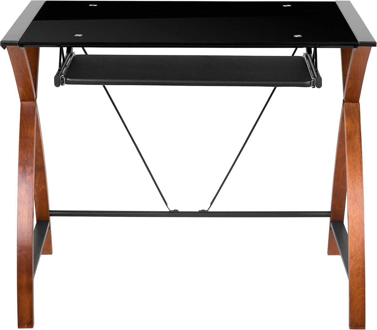 Flash Furniture Jude Zwart glazen computerbureau met uittrekbare toetsenbordlade en kriskras frame