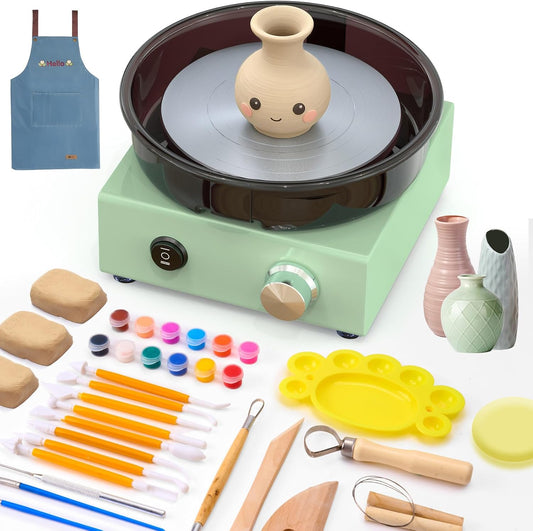Mini-pottenbakkersschijvenset – 15 cm draaischijf met twee-richtingsrotatie, kleirad met metalen frame & afneembare spatbeschermingsbak, keramiekset met 18-delige, pottenbakkerij doe-het-zelf