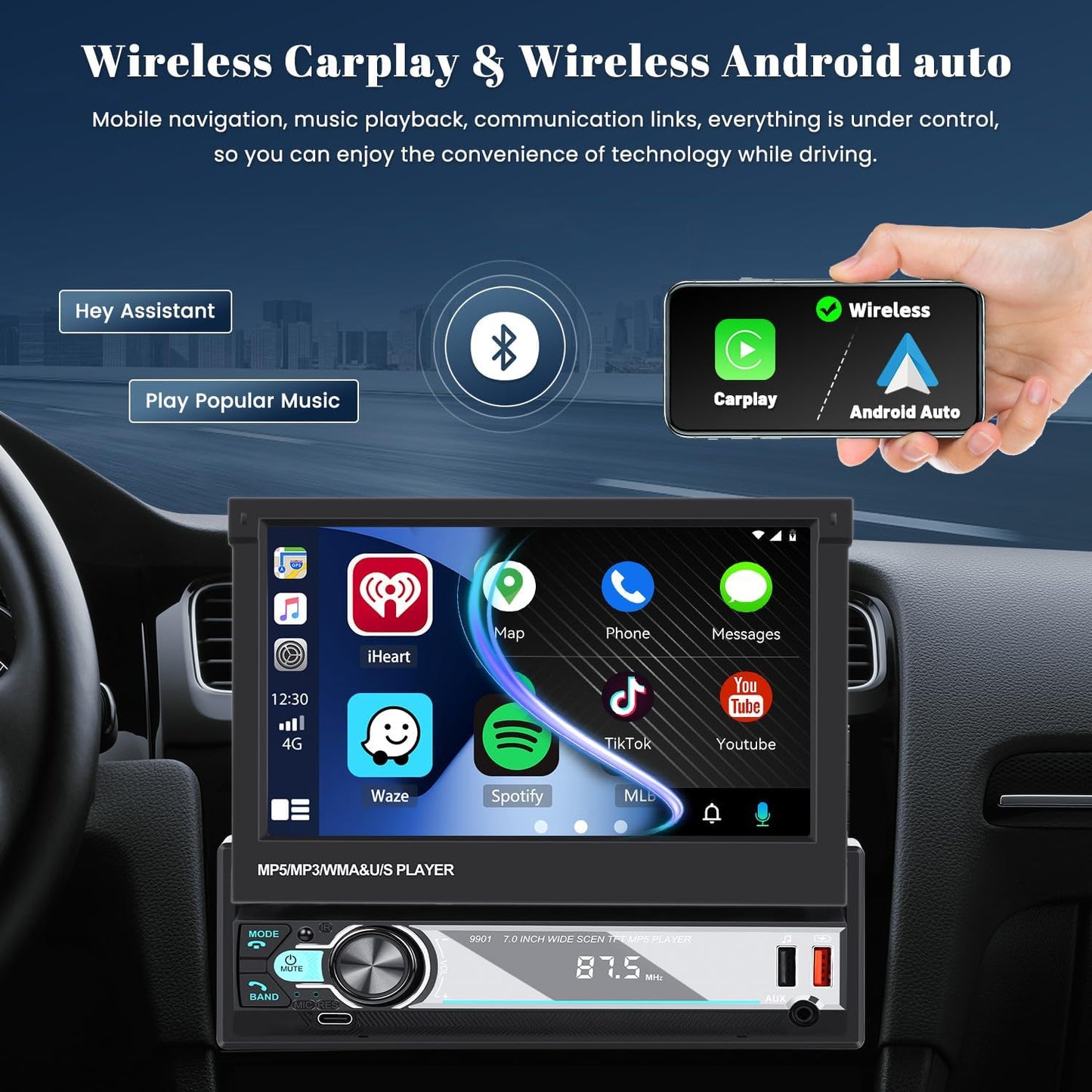 Hikity AM FM Autoradio, 1 Din Wireless Carplay Android Auto, 7 inch handmatig uitschuifbaar display, touchscreen, autoradio met Bluetooth 5.1, handsfree, radio, USB, AUX achteruitrijcamera