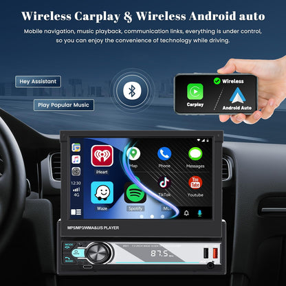 Hikity AM FM Autoradio, 1 Din Wireless Carplay Android Auto, 7 inch handmatig uitschuifbaar display, touchscreen, autoradio met Bluetooth 5.1, handsfree, radio, USB, AUX achteruitrijcamera