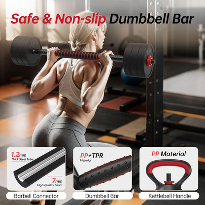 JOROTO Verstelbare Dumbbell Set, 10KG/30KG Gewichten Dumbbell Set met Pluggen, 4 in1 Workout Gewicht voor Home Gym Barbell, Kettlebells, Push up Stand Fitnessapparatuur