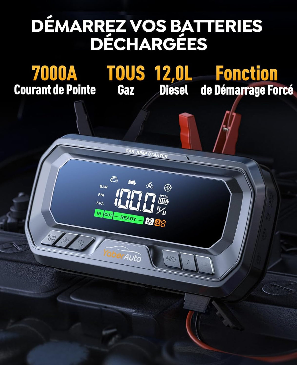 YaberAuto 10-in-1 booster auto accu 7000 A, PD 65 W, compressor 160 psi, 26800 mAh, 600 lm LED, groot scherm starter batterij, met jump starter verlengde kabel voor (alle gas of 12 l diesel)