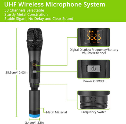 LinKFOR 4-kanaals UHF-microfoonsysteem met 4 draadloze handmicrofoons, 50 x 4 kanalen selecteerbare frequentie, echo, Bluetooth, AUX, ideaal voor DJ, zang, kerk, bruiloften