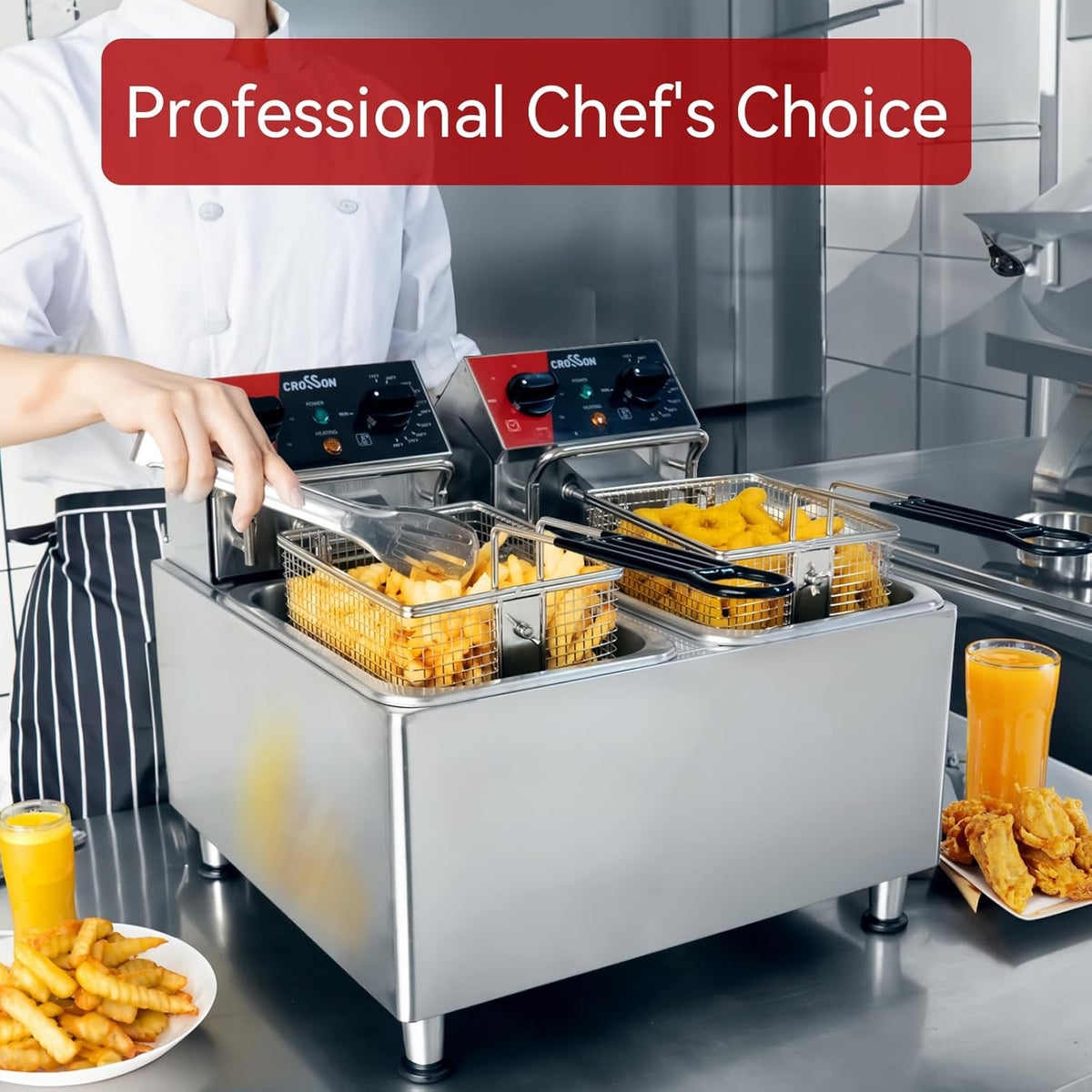 CROSSON Elektrische Friteuse met Dubbele Tank 8L,230V/5000W Professionele Elektrische Friteuse met Verstelbaar Thermostaat 80-200°C,met Afneembare Olietank,Verstelbare Roestvrijstalen Poten