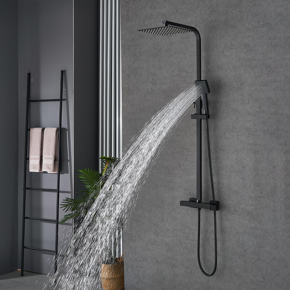 Douchesysteem met thermostaat Zwart, regendouche, Vierkante douchekop 25x25cm, doucheset, douche incl. ABS handdouche, roestvrij stalen douchestang