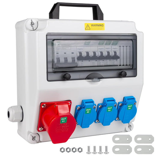 Bouwstroomverdeler met wifi-schakelaar type A, 40 A, 30 mA RCBO wandverdeler met CEE-stopcontact, 16 A, waterdicht, met handgreep voor verdeelkast (3 x 16 A 1P LS+1 x 16 A, 3P LS+ FI/LS met