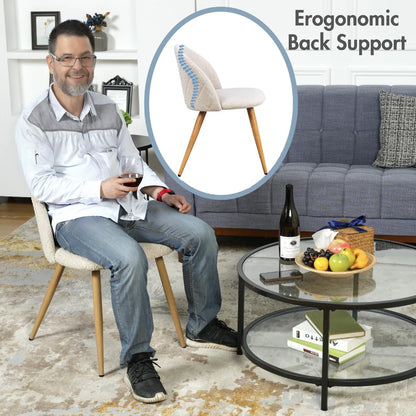 FurnitureR Set van 4 moderne eetkamerstoelen in schelpvorm, zachte beige stof met metalen poten, elegante keukenstoelen