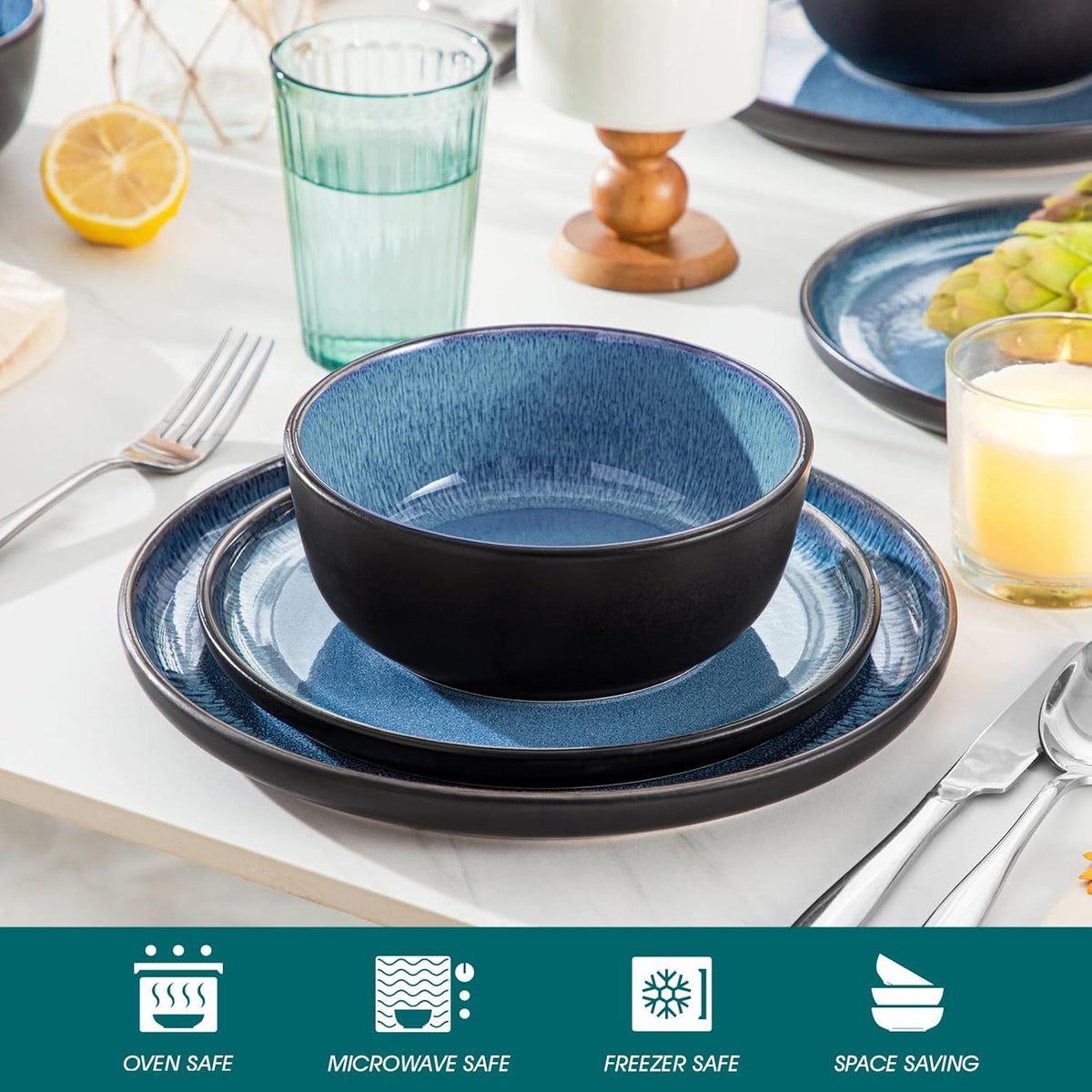vancasso PLAYA Tafelservies voor 6 personen, modern servies, 18 delen van aardewerk, 6 platte borden, dessertborden en kommen, vaatwasmachinebestendig, reactief geëmailleerd, blauw