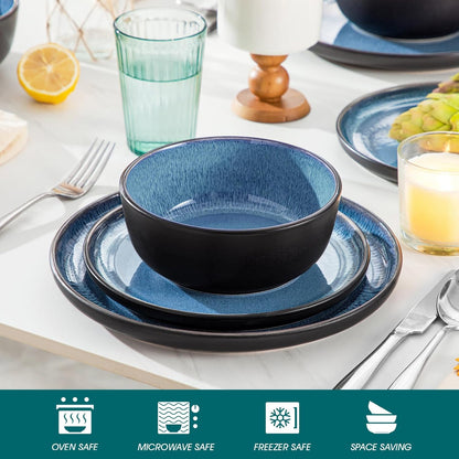 vancasso PLAYA Tafelservies voor 6 personen, modern servies, 18 delen van aardewerk, 6 platte borden, dessertborden en kommen, vaatwasmachinebestendig, reactief geëmailleerd, blauw