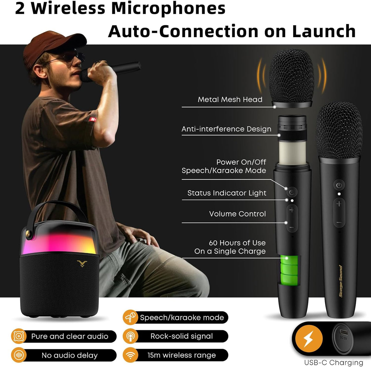Karaokemachine Met 2 Microfoons – Draagbare Bluetooth-Karaokespeaker – Karaoke-Luidspreker – PA-Systeem – Partyluidspreker – RGB-Feestverlichting Met 6 Modi – Tot 12 Uur Speeltijd