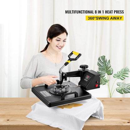 VEVOR transferpers, 8-in-1, 38 x 38 cm, hittepers, 1250 W, T-shirt-hittepers, Hittepersmachine,360 graden draaibaar, doe-het-zelf, multifunctionele sublimatie-hittepers met digitale LED-temperatuur- en tijdregelaar
