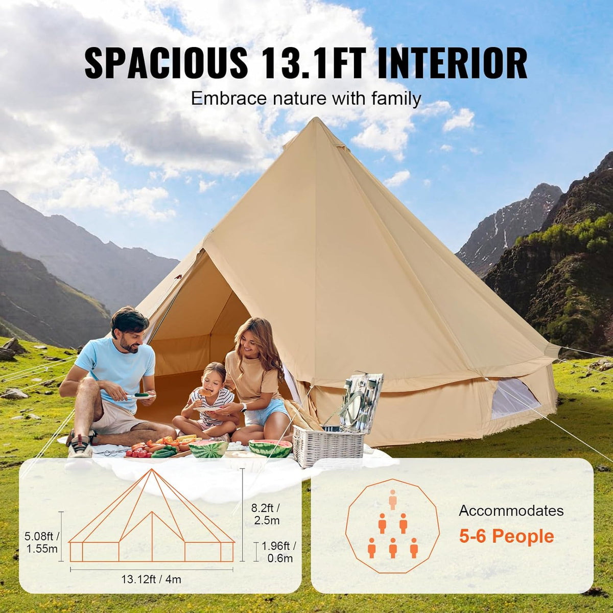 VEVOR Canvastent, 4 seizoenen, 5 m, canvas tent voor kamperen met kachelkrik, ademende yurttent voor maximaal 8 personen, familiecamping outdoor jachtfeest