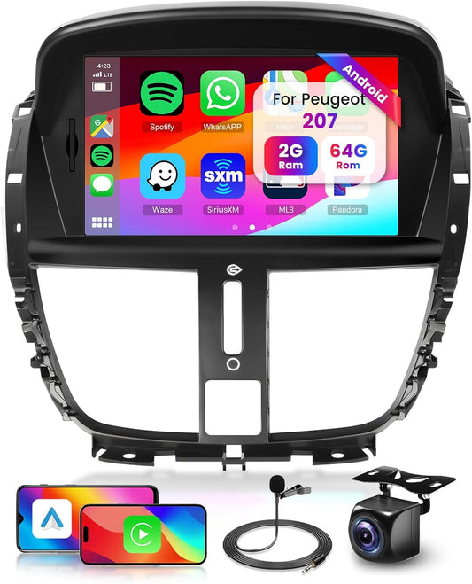 Hodozzy 2G+64G Android Car Radio For Peugeot 207 2006-2015 With Wireless Carplay Android Auto, Car Radio 2 Din 7 Inch Touch Screen With Navi Wifi Bluetooth DSP FM/RDS Radio With Rear Rooma - QUORE