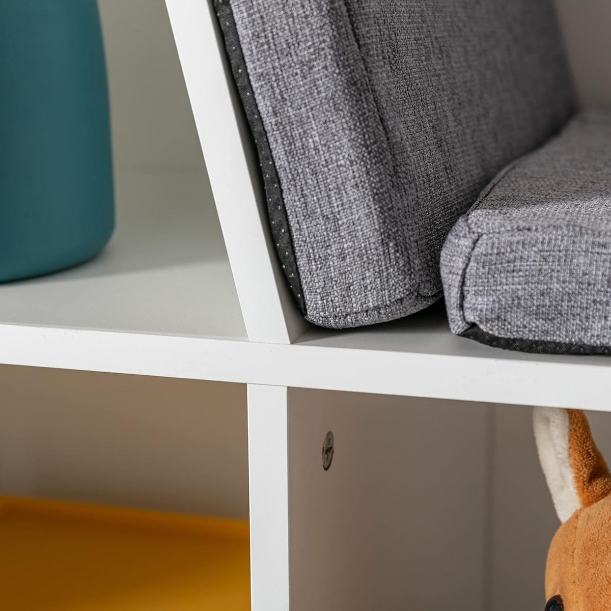 HOMCOM Children's Shelf Bookshelf with Stool Children's Bench with 6 Compartments Seat Box with 3 Cushions Toy Box from 3 Years Foam White + Grey 103 x 30 x 60 cm - QUORE
