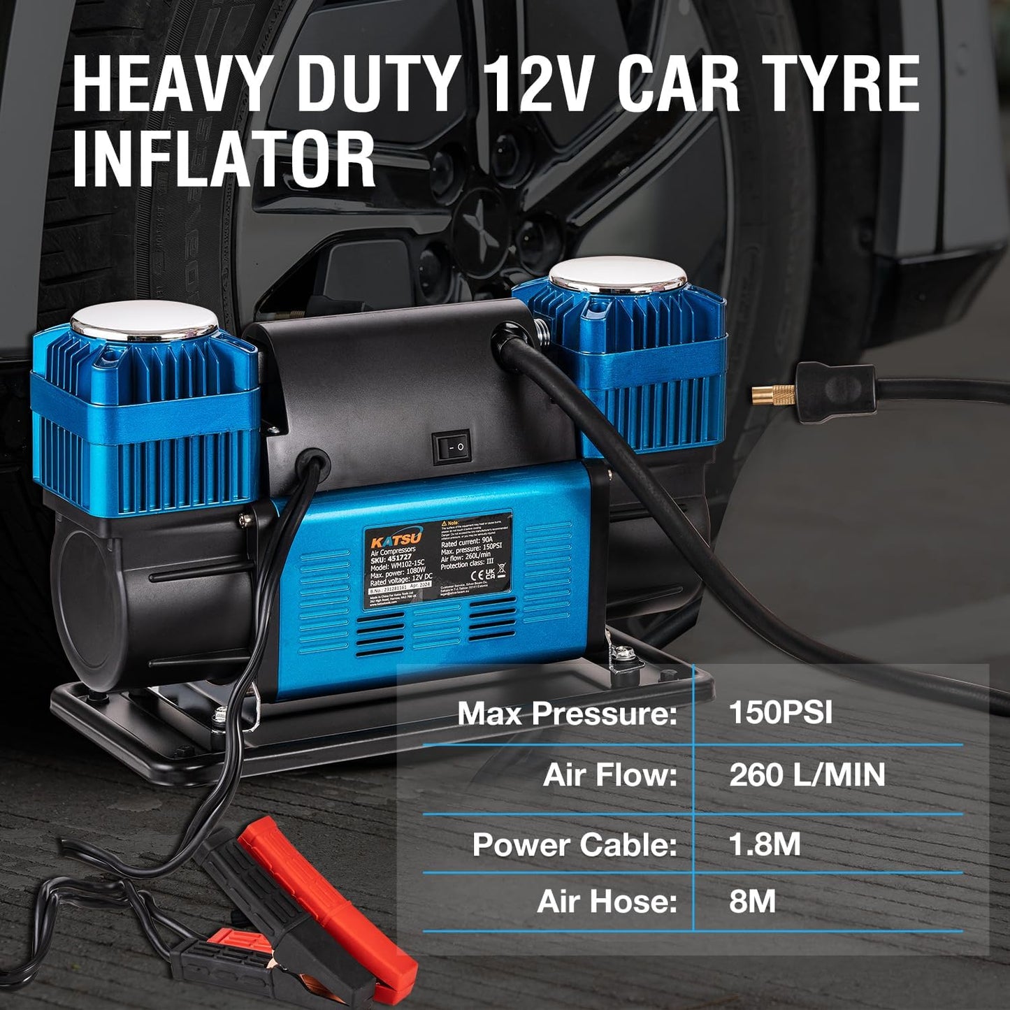 KATSU Tools Professionele auto-luchtcompressor, 2 cilinders, 150 psi, 12 V, 90 ampère, groot volume, draagbare luchtcompressor, bandenpomp voor 4WD auto, bestelwagen, trucks, fiets