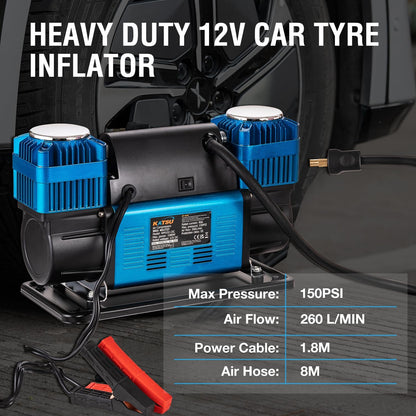 KATSU Tools Professionele auto-luchtcompressor, 2 cilinders, 150 psi, 12 V, 90 ampère, groot volume, draagbare luchtcompressor, bandenpomp voor 4WD auto, bestelwagen, trucks, fiets
