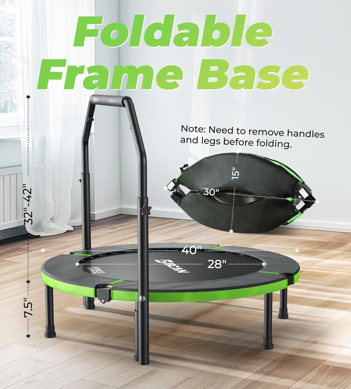 BCAN Indoor trampoline, 102 cm fitness minitrampoline, opvouwbaar, voor volwassenen met verstelbare handgreep, maximale belasting 150 kg, ideaal voor hometraining en fitnesstraining