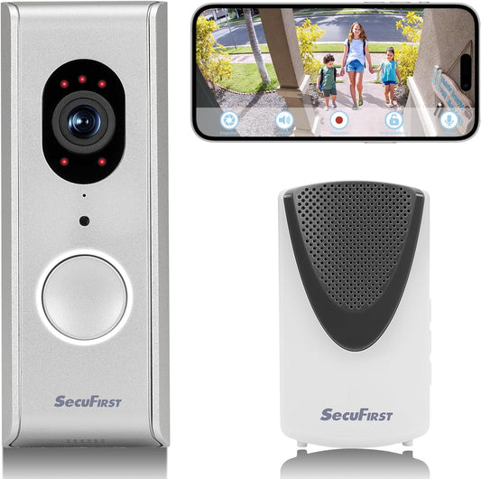SecuFirst Slimme Video Deurbel met Camera met Draadloze Gong,Bedraad Doorbell, + SD Kaart 64GB opslag,Geen Verborgen Kosten, 2-Weg Audio, Zilver- DID701S