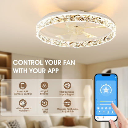 NIORSUN 50,8 cm led-ventilator met lampen en afstandsbediening app, dimbaar, laag profiel, plafondventilator voor inbouw, traploze kleurtemperatuurverandering en 6 snelheden