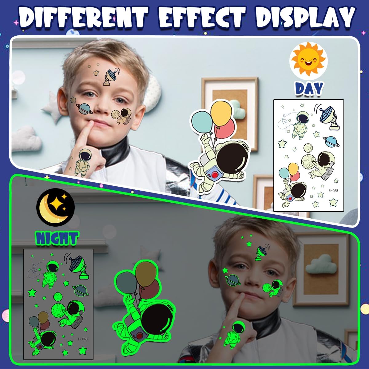 Ruimte kindertatoeages, 12 vellen lichtgevende tatoeages, heelal, kindercadeaus voor jongens van 3, 4, 5, 6, 7, 8, 9, 10 jaar, kindertatoeages, huidvriendelijk, geschikt voor de ruimte, cadeautje
