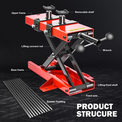 DNA MOTORING TOOLS-00290 Stalen motorfiets ATV schaarhefbrug met zadel en rubberen pad, 2-in-1, 500 kg, hefbereik 9,3-37,5 cm