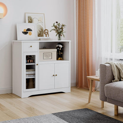 HOCSOK Sideboard, Kitchen Cabinet with Microwave Rack, with Doors and Drawers, Storage Cabinet for Dining Room and Kitchen, 90 x 40 x 82 cm, White - QUORE