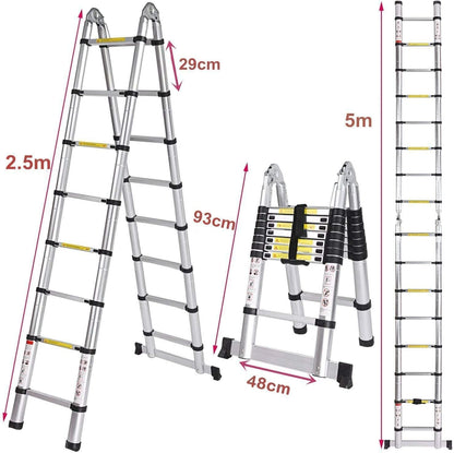 Nictemaw 5M Scala Telescopica in Alluminio Scala Retrattile pieghevole, capaciteit 150 kg (2,5 m + 2,5 m)