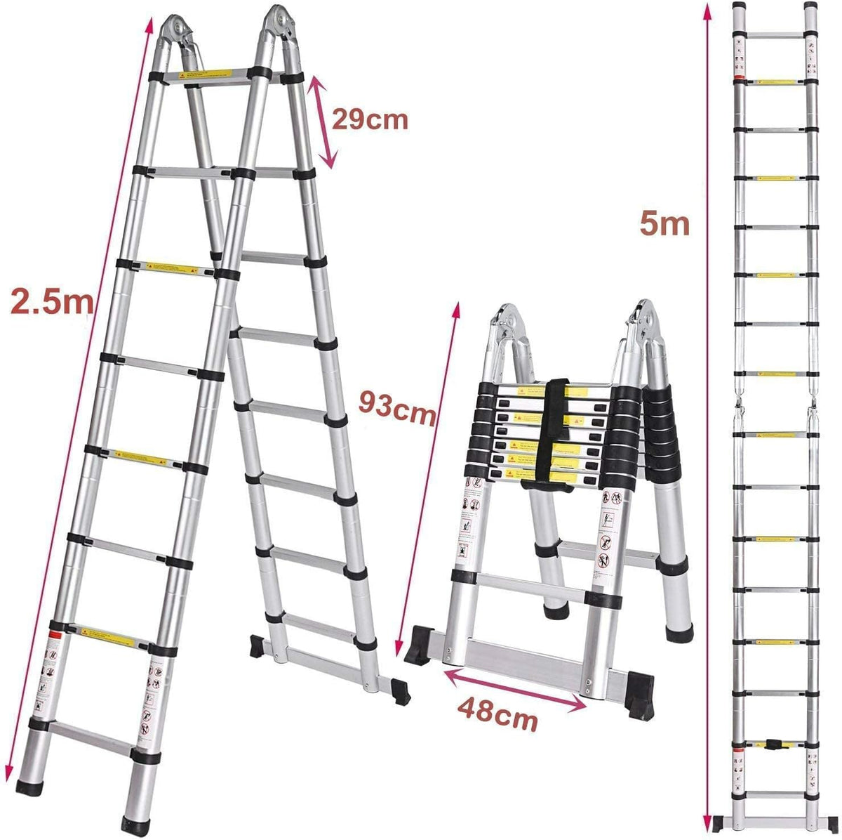 Nictemaw Scala Telescopica da 5 m, Scala Pieghevolein alluminio multifunctioneel 2 in 1 per interne Esterni, capaciteit 150 kg (2,5 m + 2,5 m)