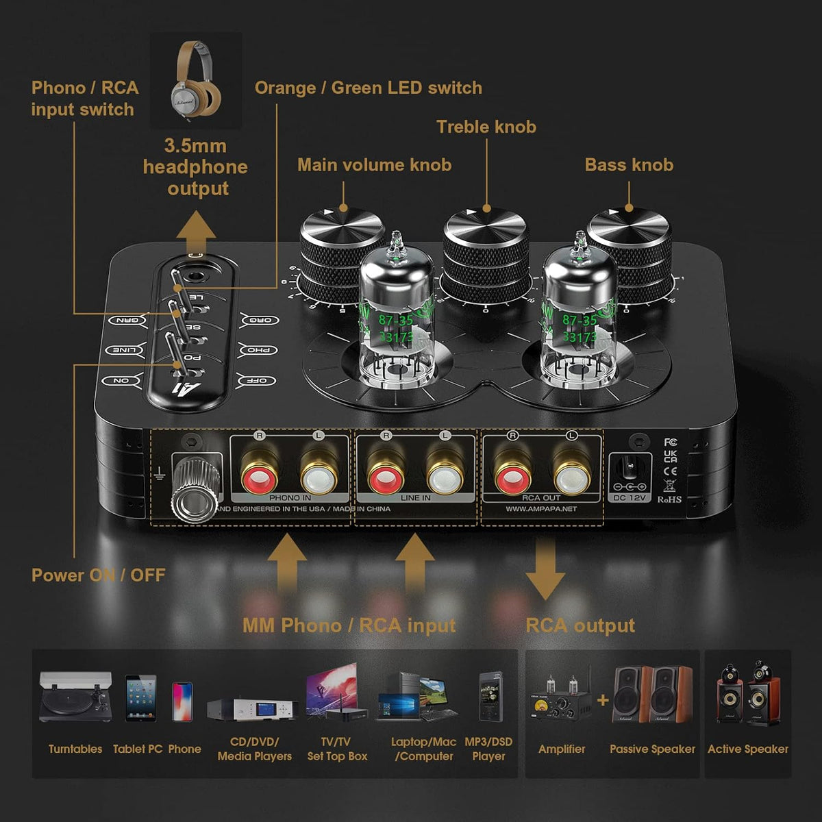 A1 Buis Phono Voorversterker: Klep Hoofdtelefoon Amp, Hi-Fi Audiofiele Voorversterker voor MM Draaitafel Platenspeler met Tone Control voor Thuis Stereo Audio Systeem