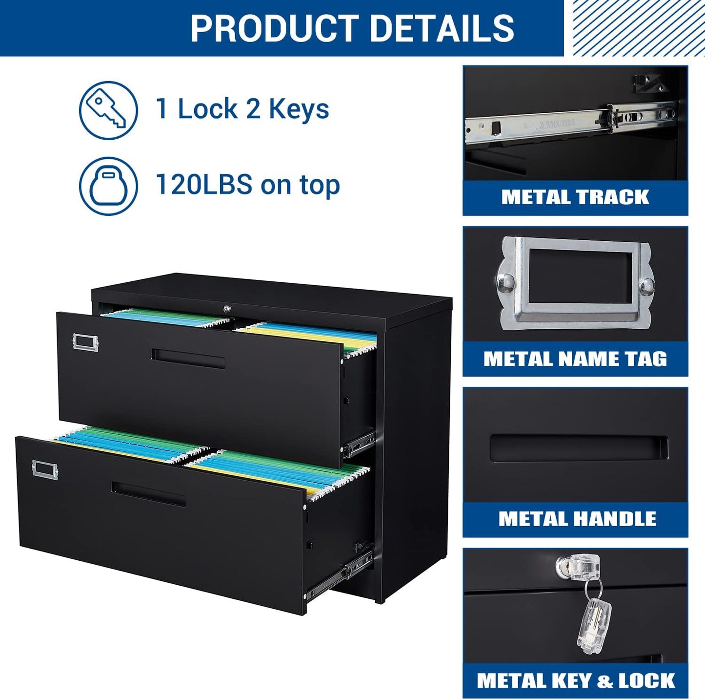 Lateral filing cabinet with lock, large metal filing cabinet with 2 drawers, lockable home office storage cabinet for hanging files Letter/Legal/F4/A4 format assembly required - QUORE