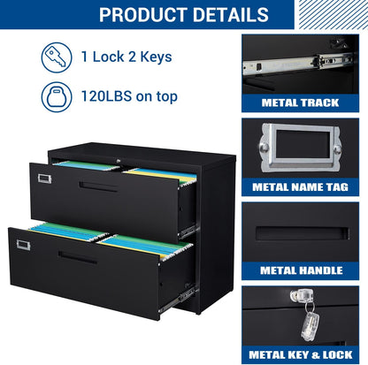 Lateral filing cabinet with lock, large metal filing cabinet with 2 drawers, lockable home office storage cabinet for hanging files Letter/Legal/F4/A4 format assembly required - QUORE