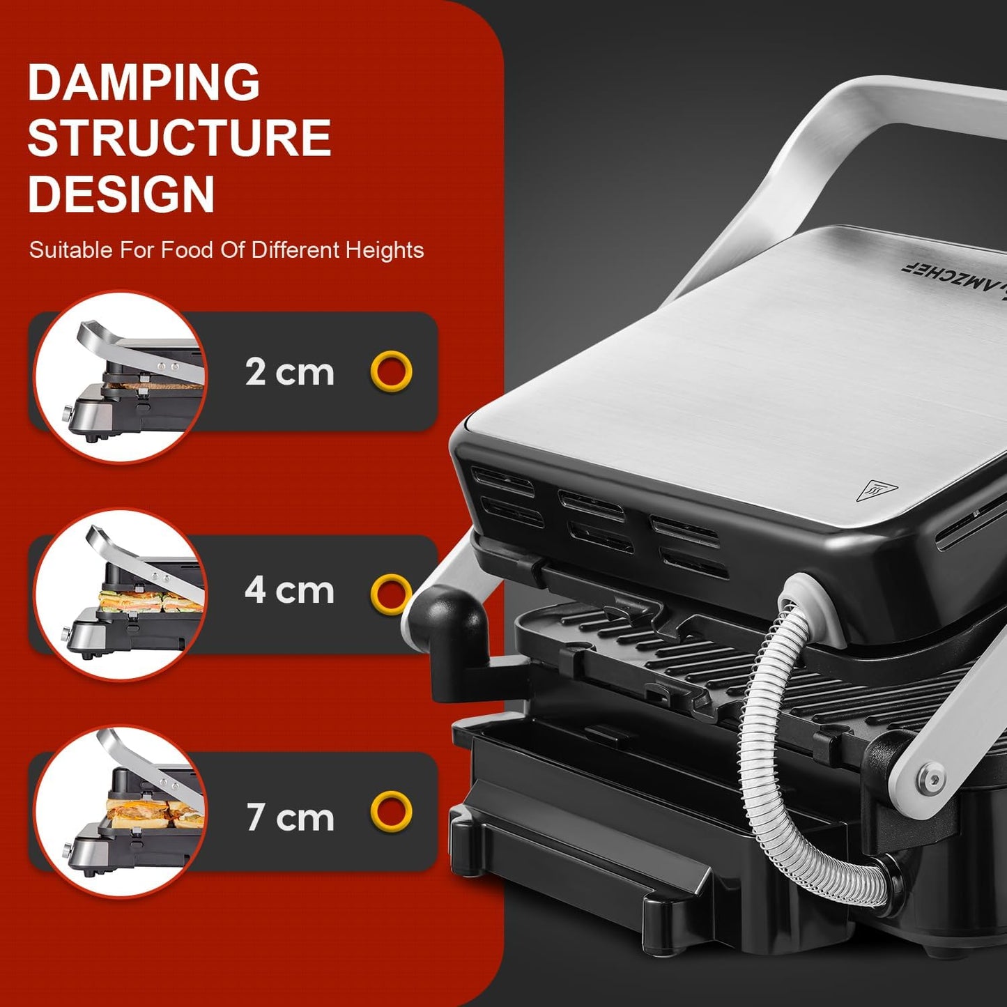AMZCHEF 4-in-1 machine (contactgrill, Griddle, wafelijzer, sandwichmaker), 2000 W, met 4 afneembare platen met antiaanbaklaag, met vrij instelbare tijd en temperatuur, zwart en zilver
