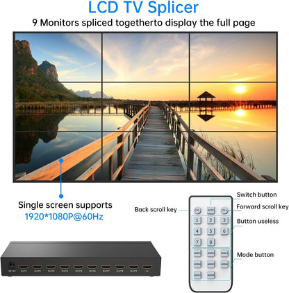Videomuurcontroller 3x3 - HDMI-Videomuurprocessor 1080P @60Hz Met 13 Modi, 1 Ingang en 9 Uitgangen