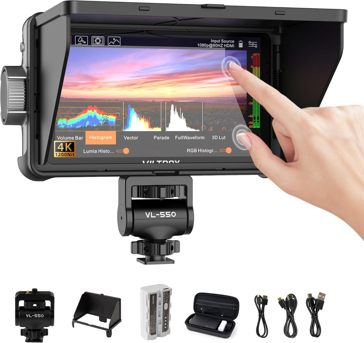 VILTROX DC-550 Pro 5,5 inch cameraveldmonitor, 4K HDMI-touchscreen DSLR-cameramonitor met batterijzonnekap, 1200 Nits 3D Lut 1920X1080 HD Focus Peaking Assist op cameravideomonitor