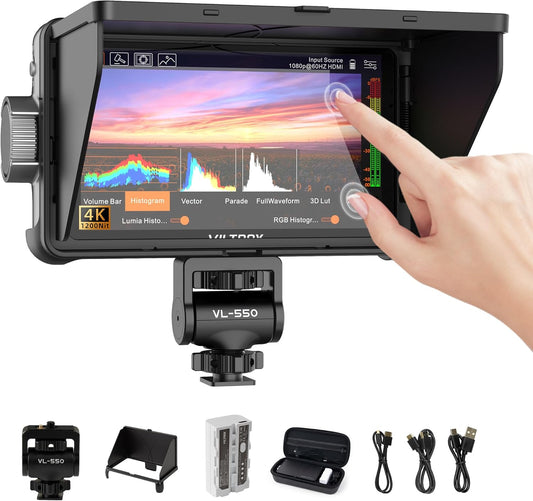 VILTROX DC-550 Pro 5,5 inch cameraveldmonitor, 4K HDMI-touchscreen DSLR-cameramonitor met batterijzonnekap, 1200 Nits 3D Lut 1920X1080 HD Focus Peaking Assist op cameravideomonitor