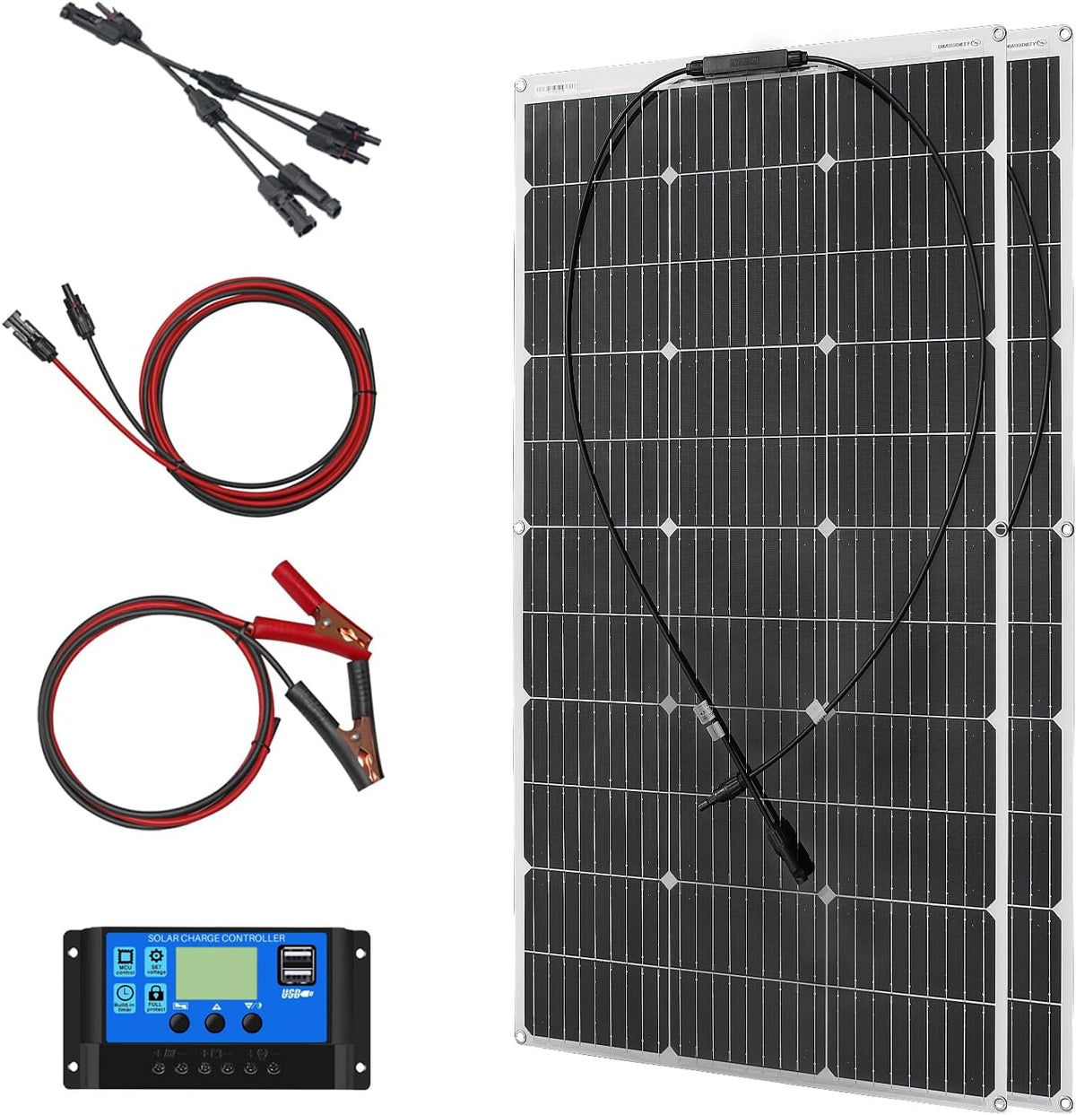 200W zonnepaneel Flexibel Kit Monokristallijn Fotovoltaïsch 20A 12V/24V Zonnelaadregelaar Zonnekabel voor Jacht Boot Off grid systeem Camping Balkon Zonnesysteem Camper
