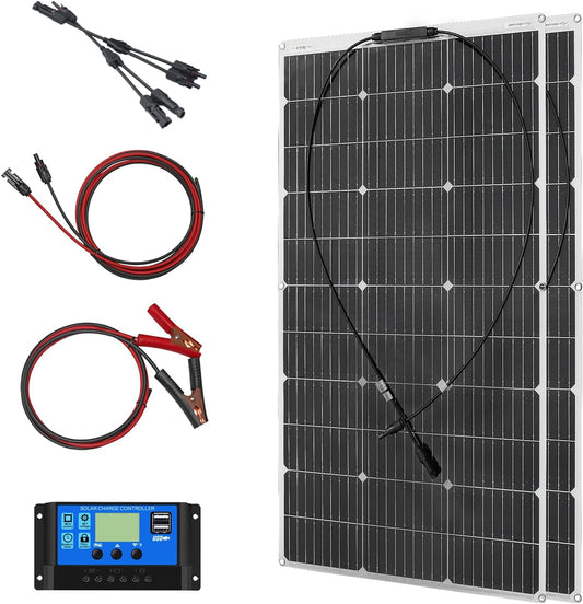 200W zonnepaneel Flexibel Kit Monokristallijn Fotovoltaïsch 20A 12V/24V Zonnelaadregelaar Zonnekabel voor Jacht Boot Off grid systeem Camping Balkon Zonnesysteem Camper