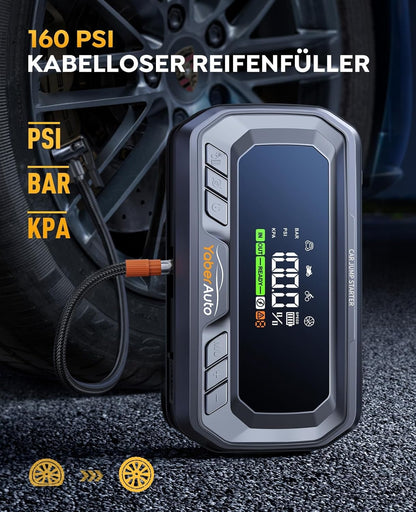 YaberAuto Starthulp powerbank met 160 psi compressor, 6500 A starter powerbank, PD 65 W ingang/uitgang powerbank, voor auto's met 3,3 inch lcd-scherm, 600 lumen noodverlichting, gedwongen startfunctie