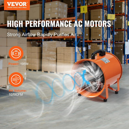 VEVOR Bouwventilator, 195 W AC-Motor, 2900 RPM, 504 L/s (1070 CFM) Axiale Ventilator Met 8 M Slang, 79 DB Geluidsniveau, Industriële Ventilator