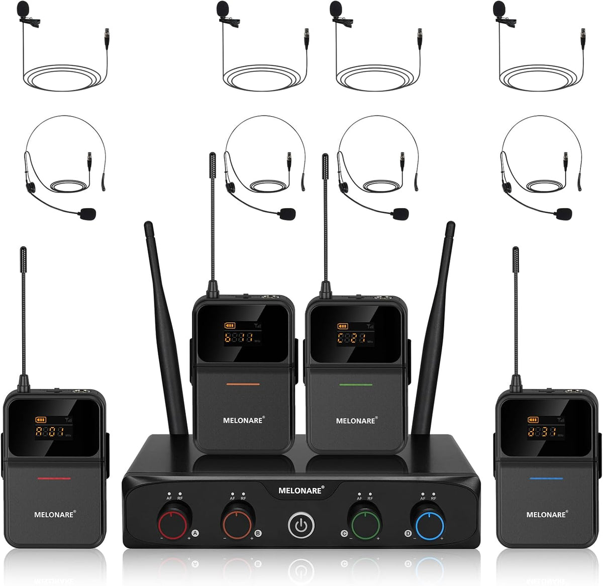 4-Kanaals UHF-Draadloos Microfoonsysteem – Draadloze Microfoonset, Headsetmicrofoon, Dasspeldmicrofoon, Bodypack-Zenders – 24-Bit/48 kHz Geluidskwaliteit – Stabiele UHF-Verbinding Tot 200 Meter