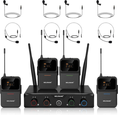 4-Kanaals UHF-Draadloos Microfoonsysteem – Draadloze Microfoonset, Headsetmicrofoon, Dasspeldmicrofoon, Bodypack-Zenders – 24-Bit/48 kHz Geluidskwaliteit – Stabiele UHF-Verbinding Tot 200 Meter
