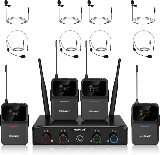 4-Kanaals UHF-Draadloos Microfoonsysteem – Draadloze Microfoonset, Headsetmicrofoon, Dasspeldmicrofoon, Bodypack-Zenders – 24-Bit/48 kHz Geluidskwaliteit – Stabiele UHF-Verbinding Tot 200 Meter